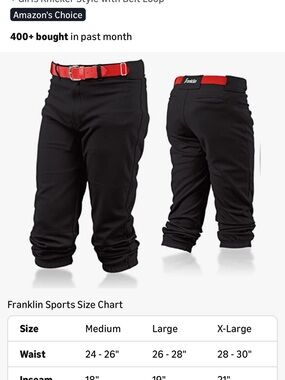 Franklin Youth Black Baseball Softball Pants Knickers XL